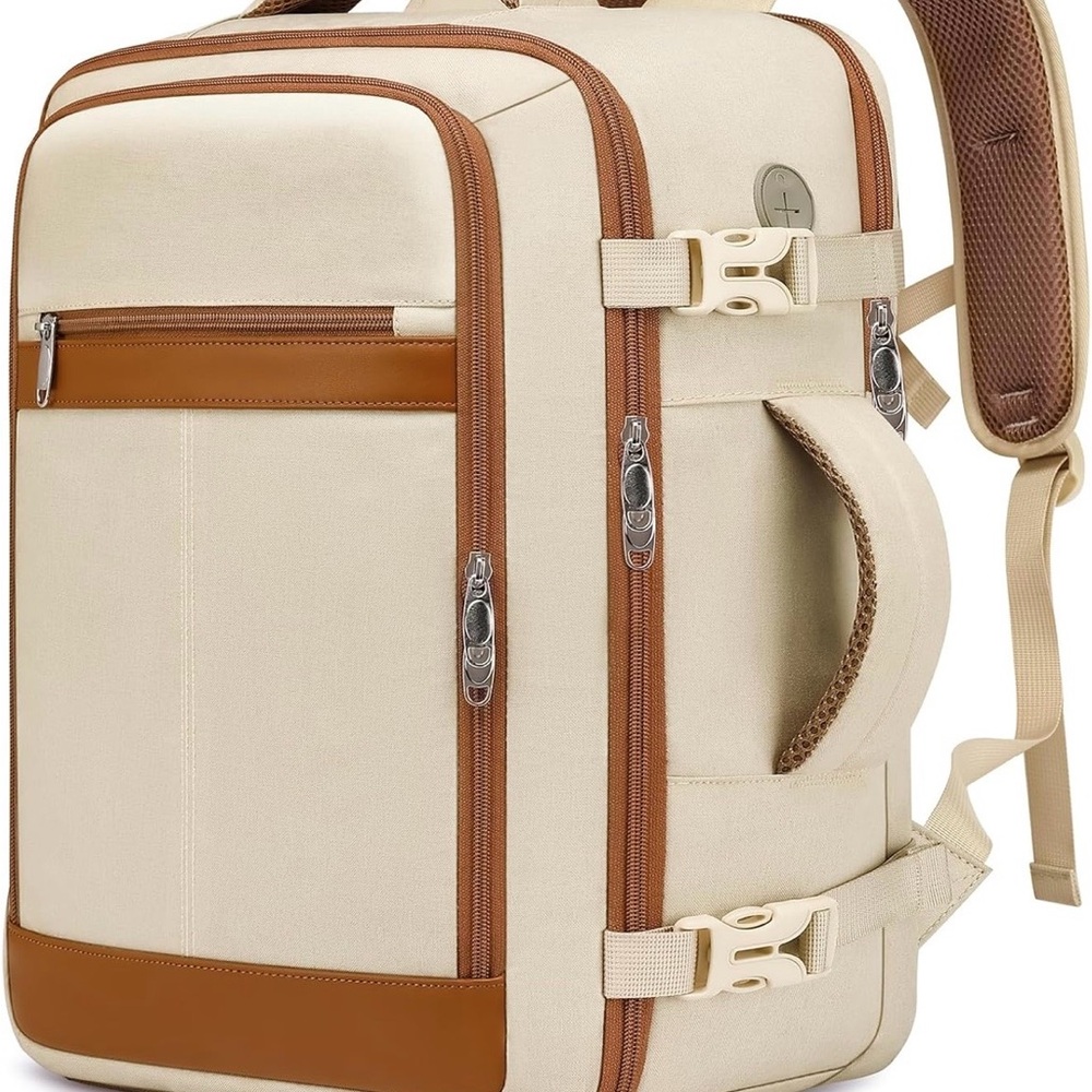 Travel Backpack Cream with tan accents Airline Personal Item Mens Women’s NEW